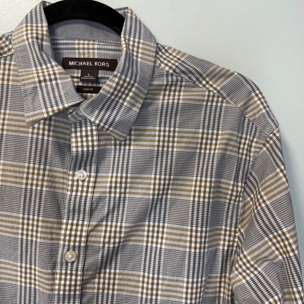 Michael Kors Mens Large Slim Fit Plaid Button Down Shirt Gray Tan Long Sleeve